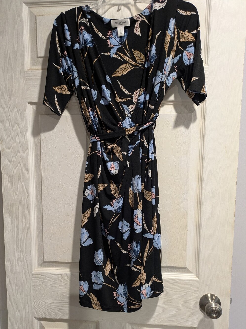 Motherhood Maternity Black Floral Wrap Dress with Blue and Tan Blooms - Sz M